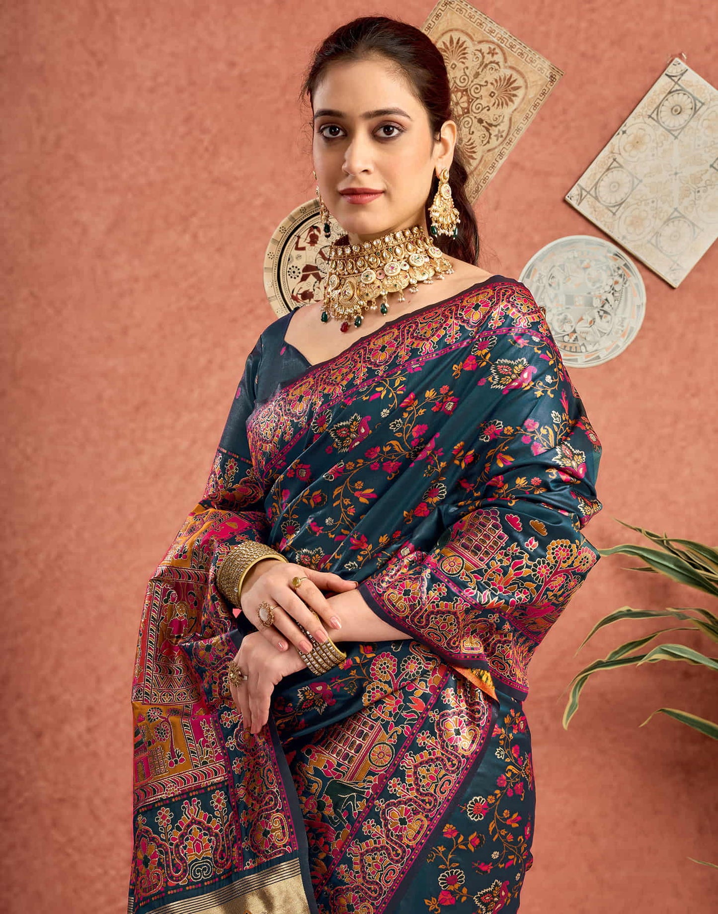 Rama Blue Silk Minakari Banarasi Saree