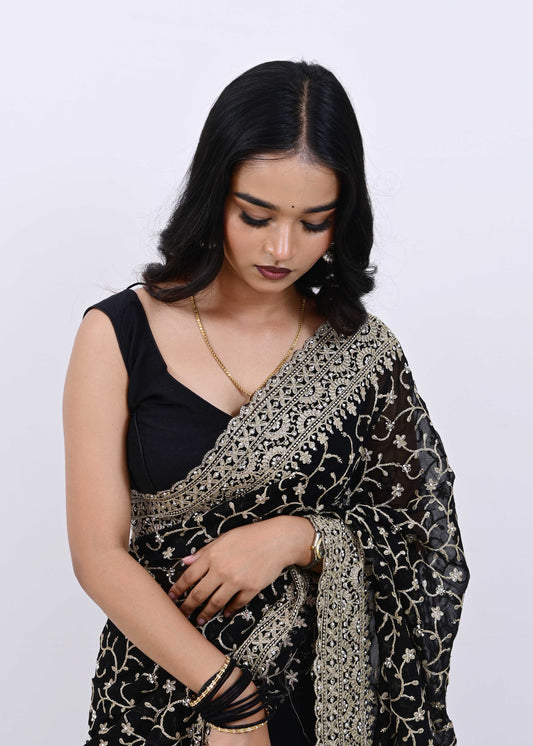Elegant Black Embroidered Net Saree with Rich Gold Border