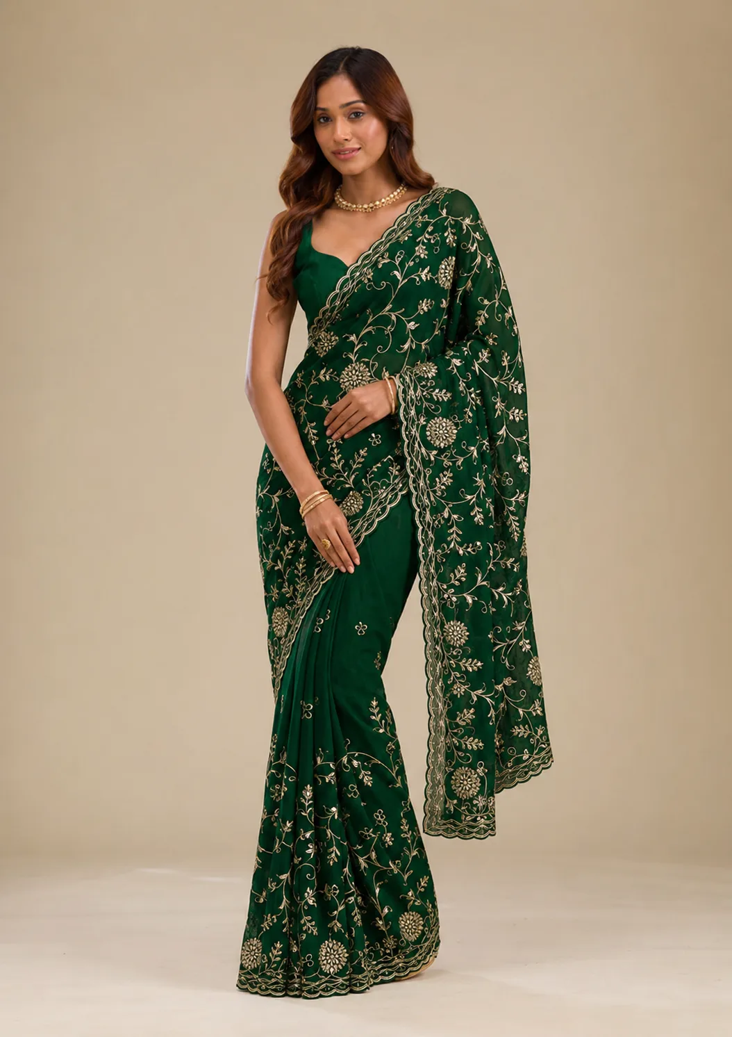 Emerald Green Fendi Chiffon Saree view 2