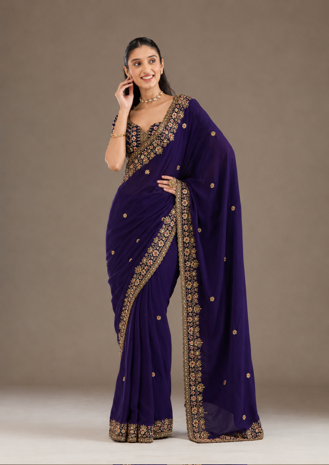 Royal Purple Fendi Chiffon Saree view 2