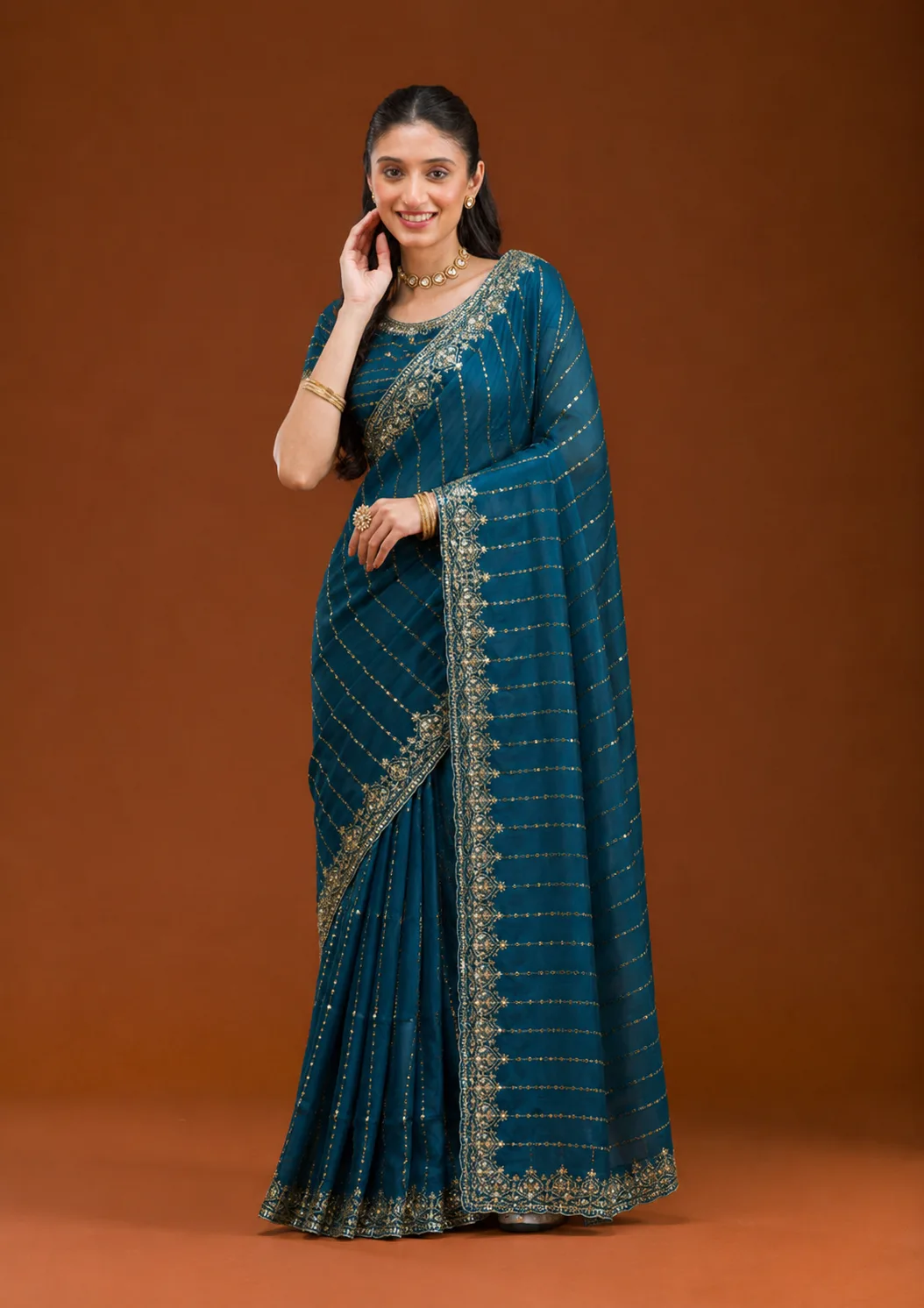 The Royal Teal Blue Sequin Saree view 2