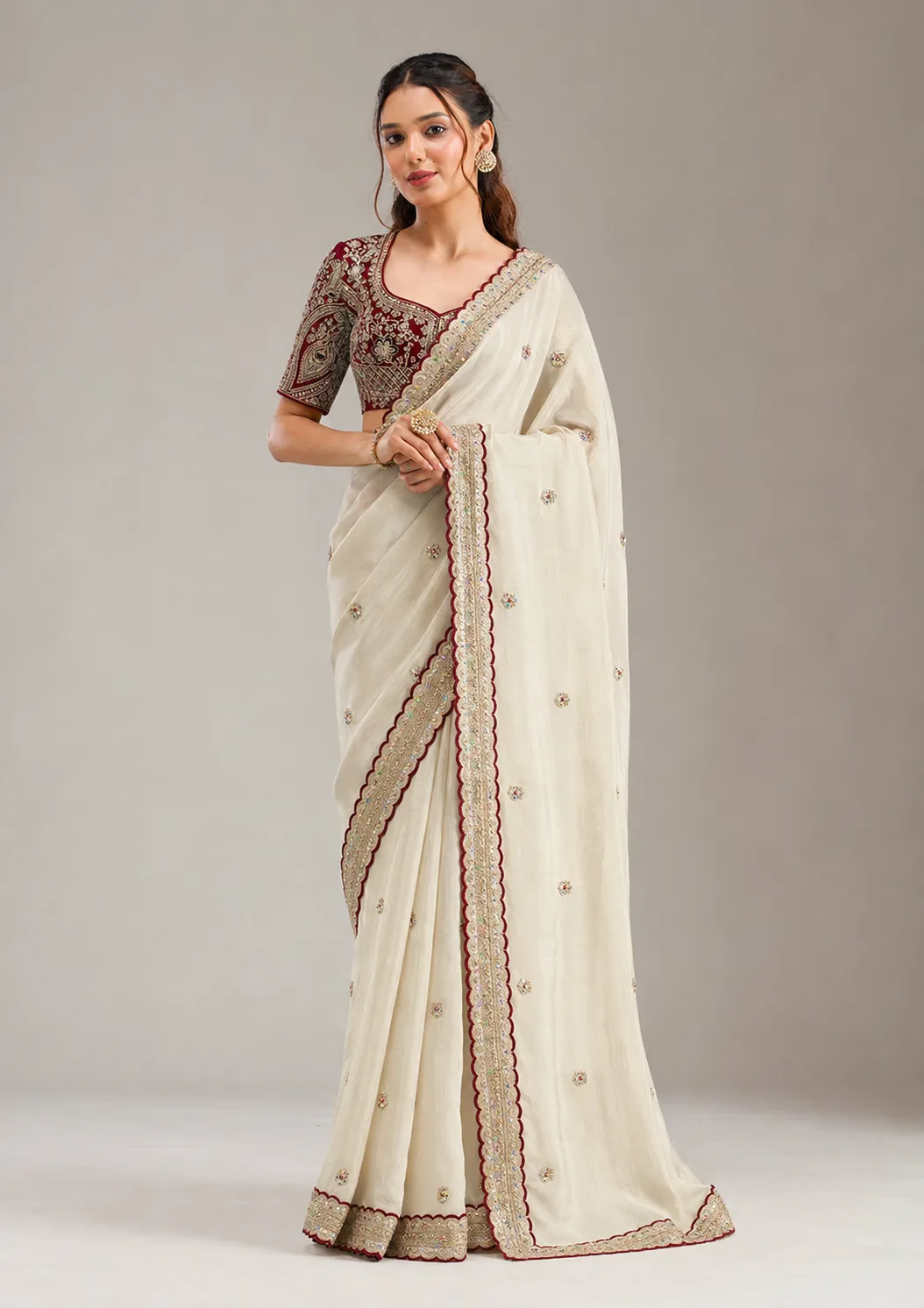 Off-White Embroidered Saree With Readymade Blouse view 2