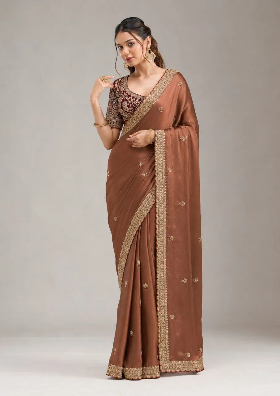 Caramel Brown Embroidered Saree With Readymade Blouse