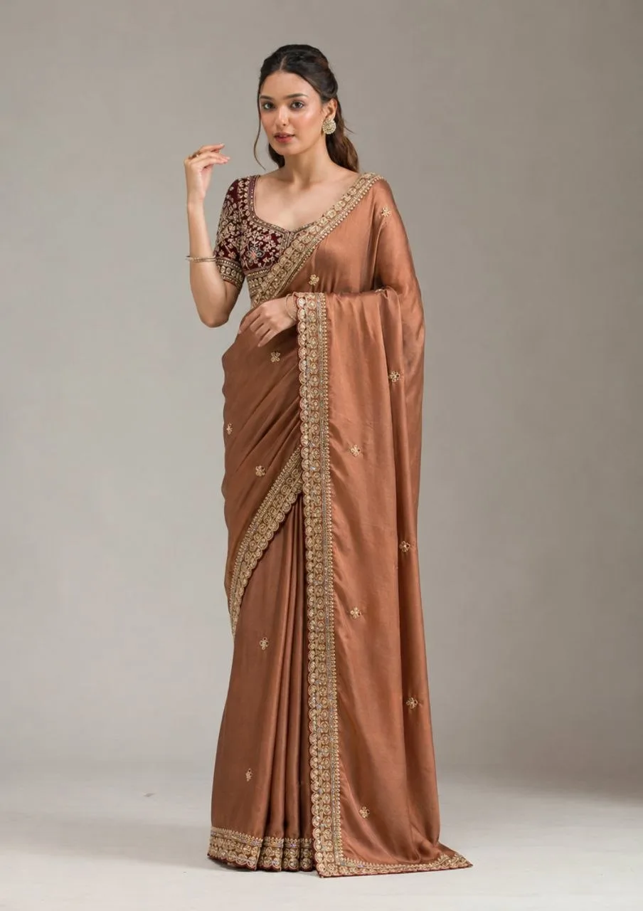 Caramel Brown Embroidered Saree With Readymade Blouse view 2