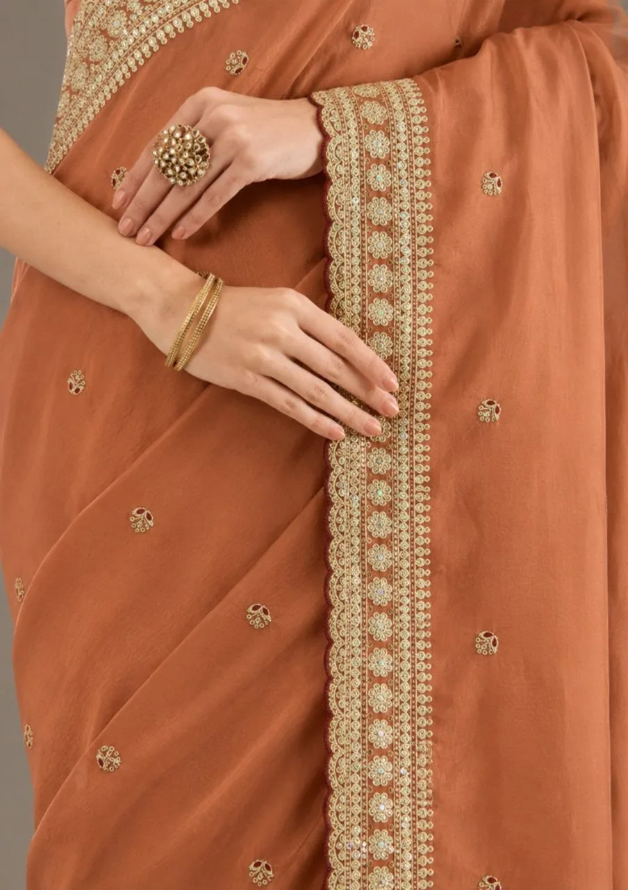 Caramel Brown Embroidered Saree With Readymade Blouse view 3