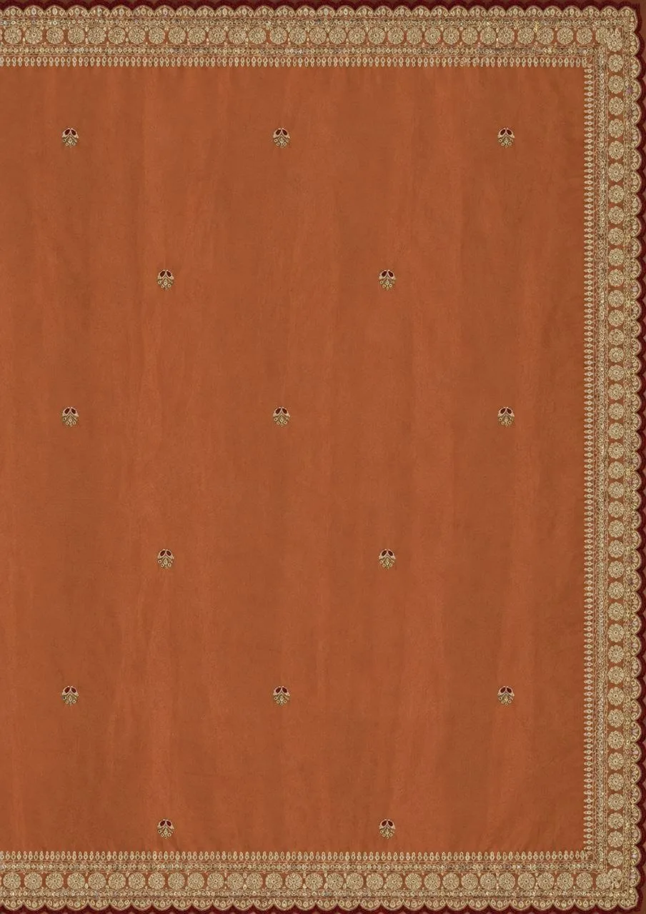 Caramel Brown Embroidered Saree With Readymade Blouse view 4