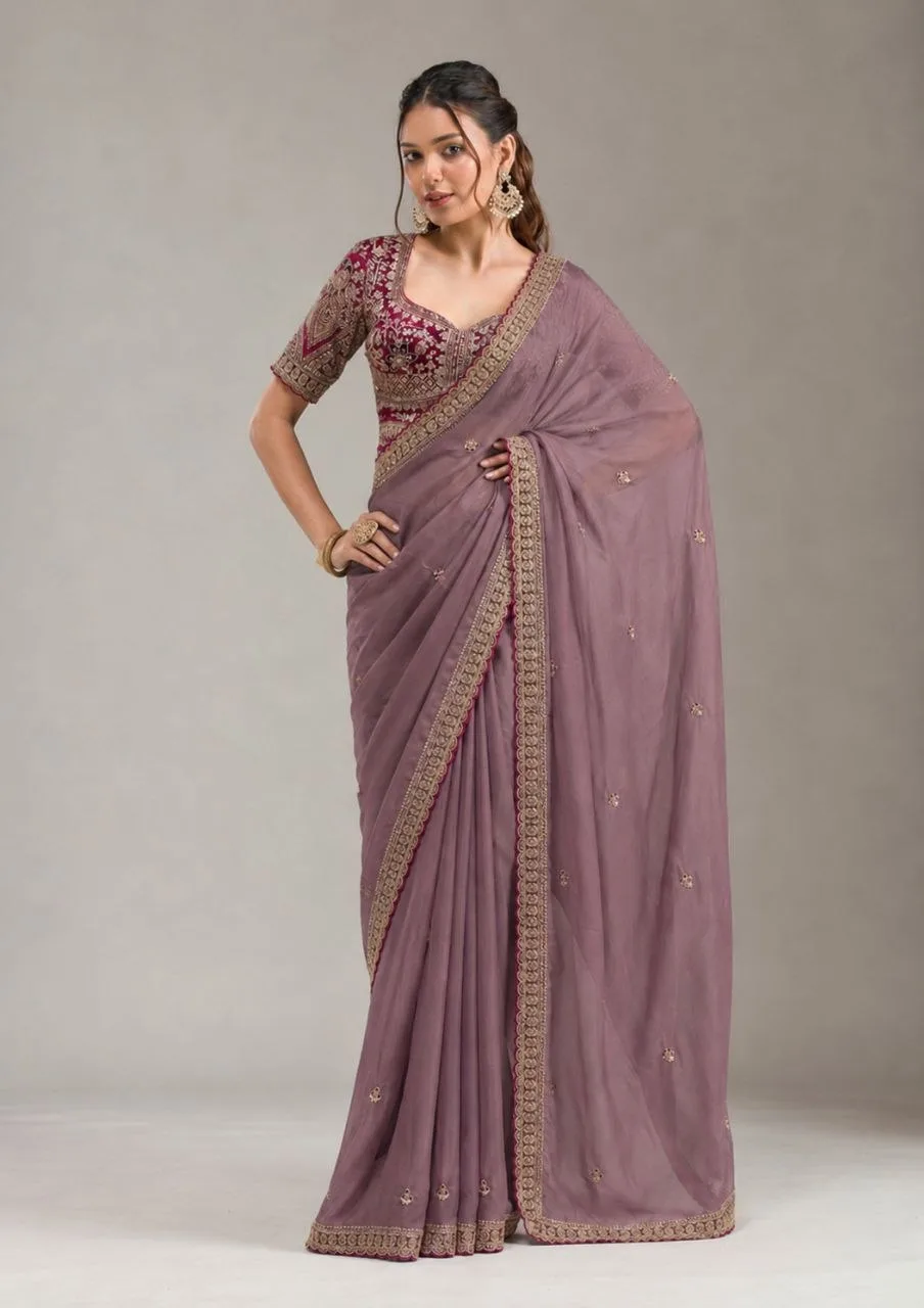 Mauve Embroidered Saree With Readymade Blouse view 2