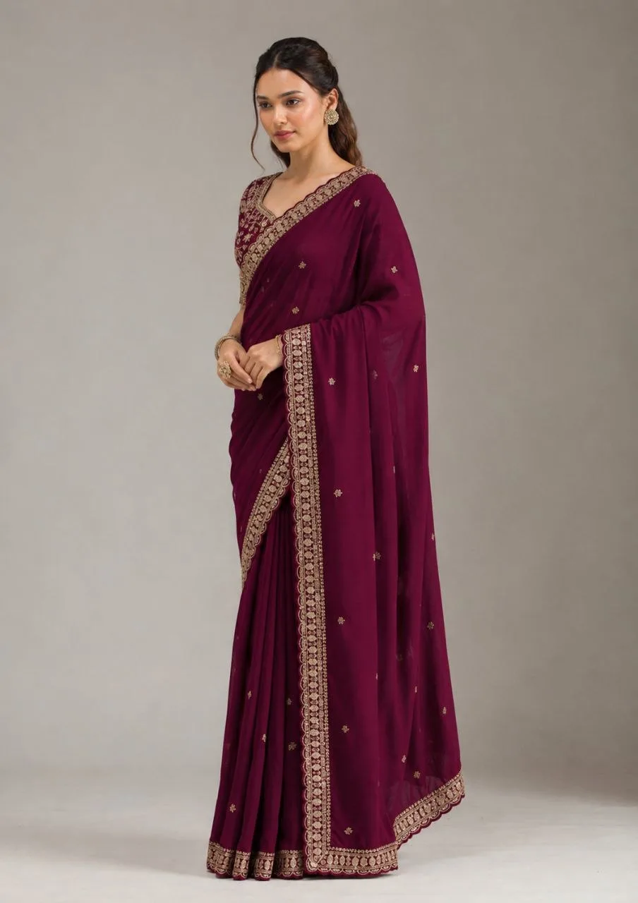 Wine Embroidered Saree With Readymade Blouse