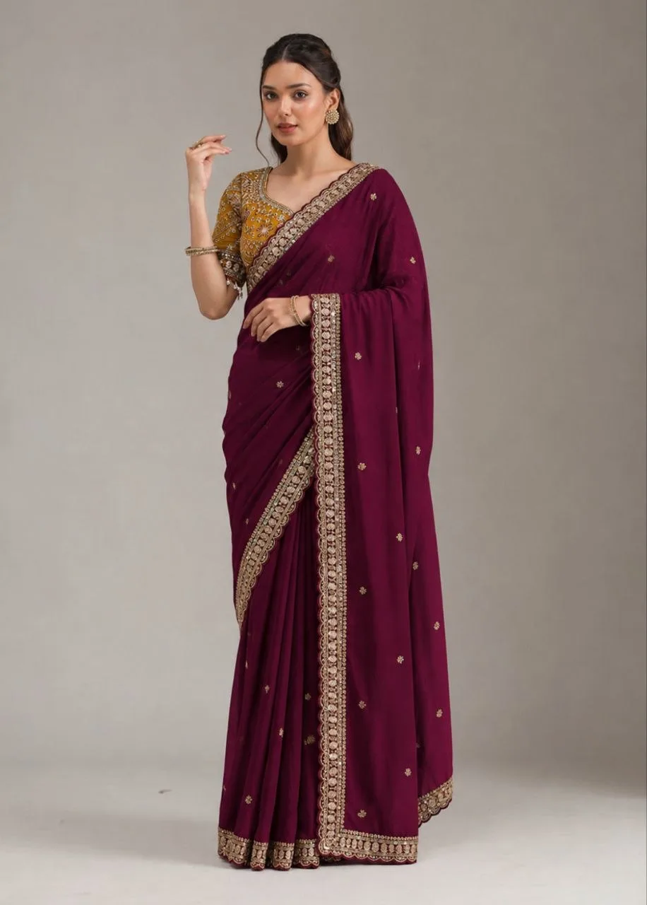 Wine Embroidered Saree With Readymade Blouse view 2