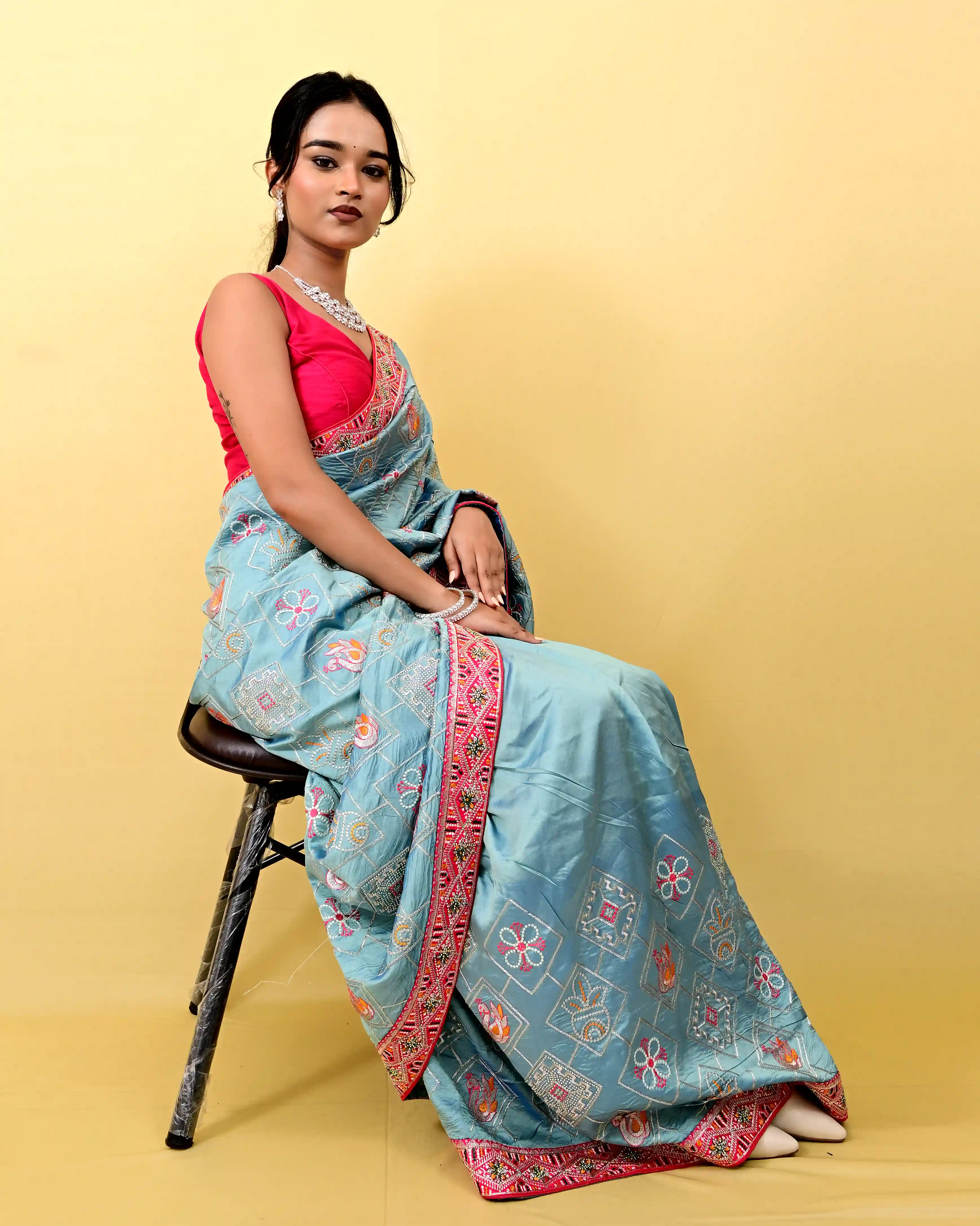 Light Blue Silk embroidary Woven Saree
