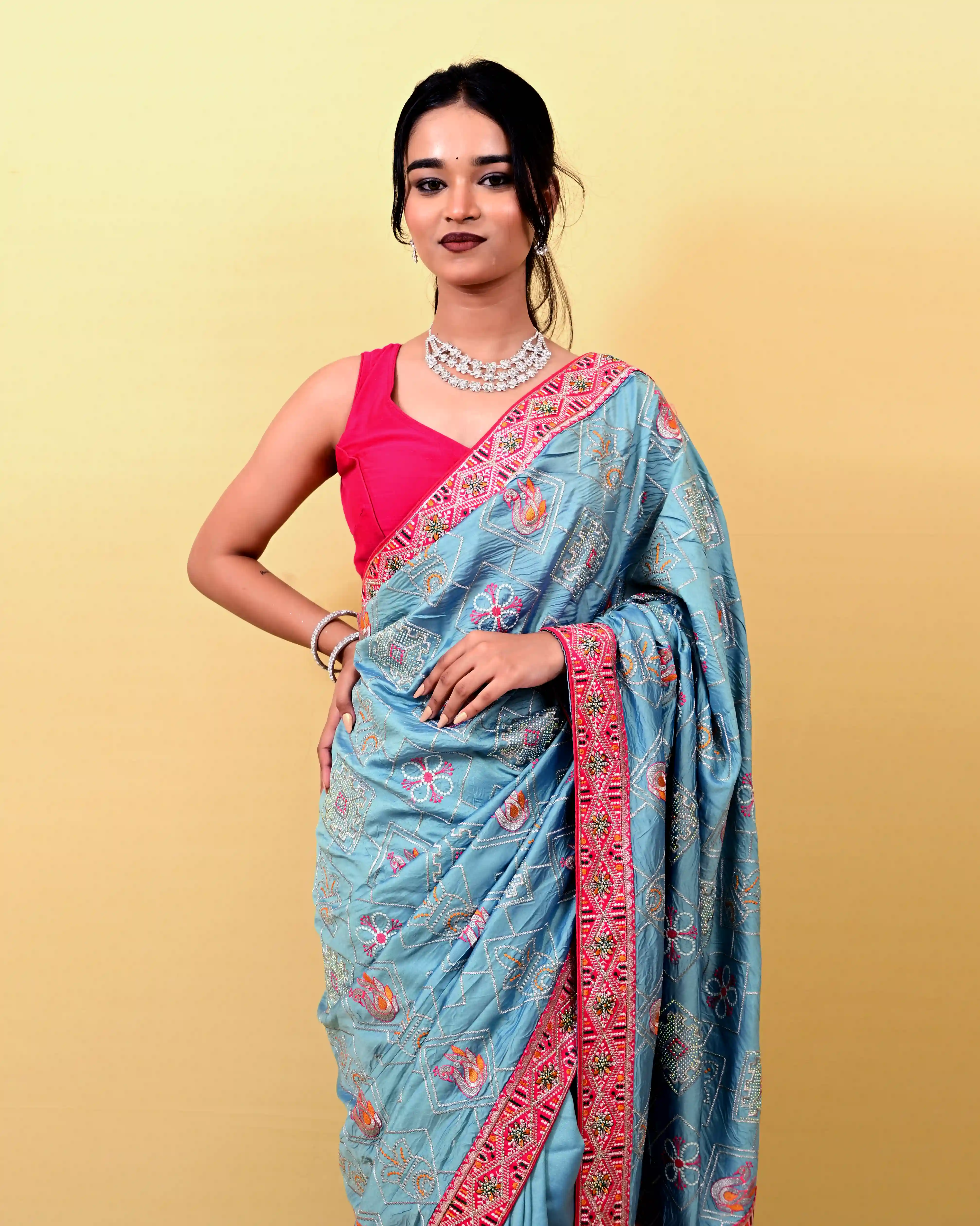 Light Blue Silk embroidary Woven Saree view 2