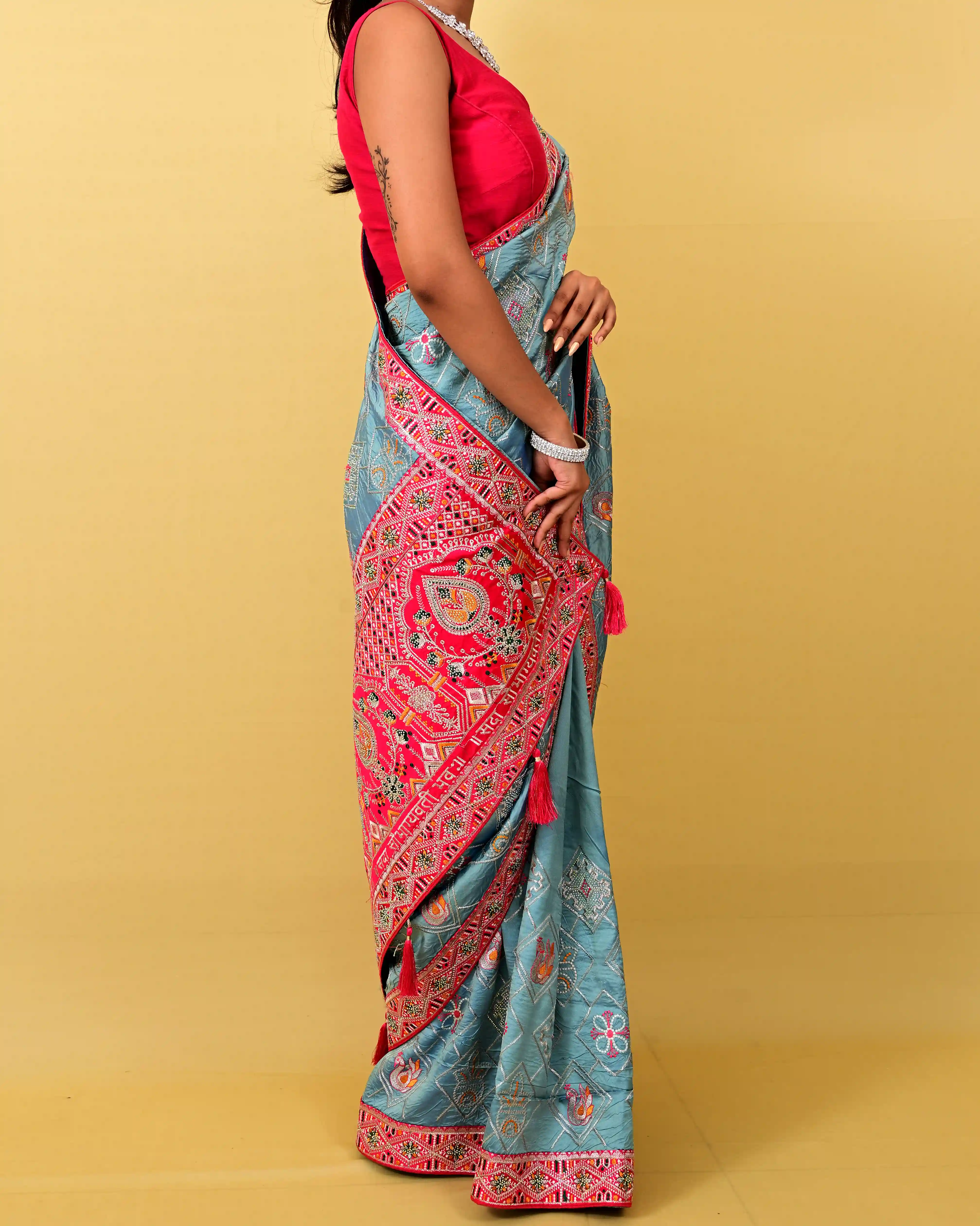 Light Blue Silk embroidary Woven Saree view 3
