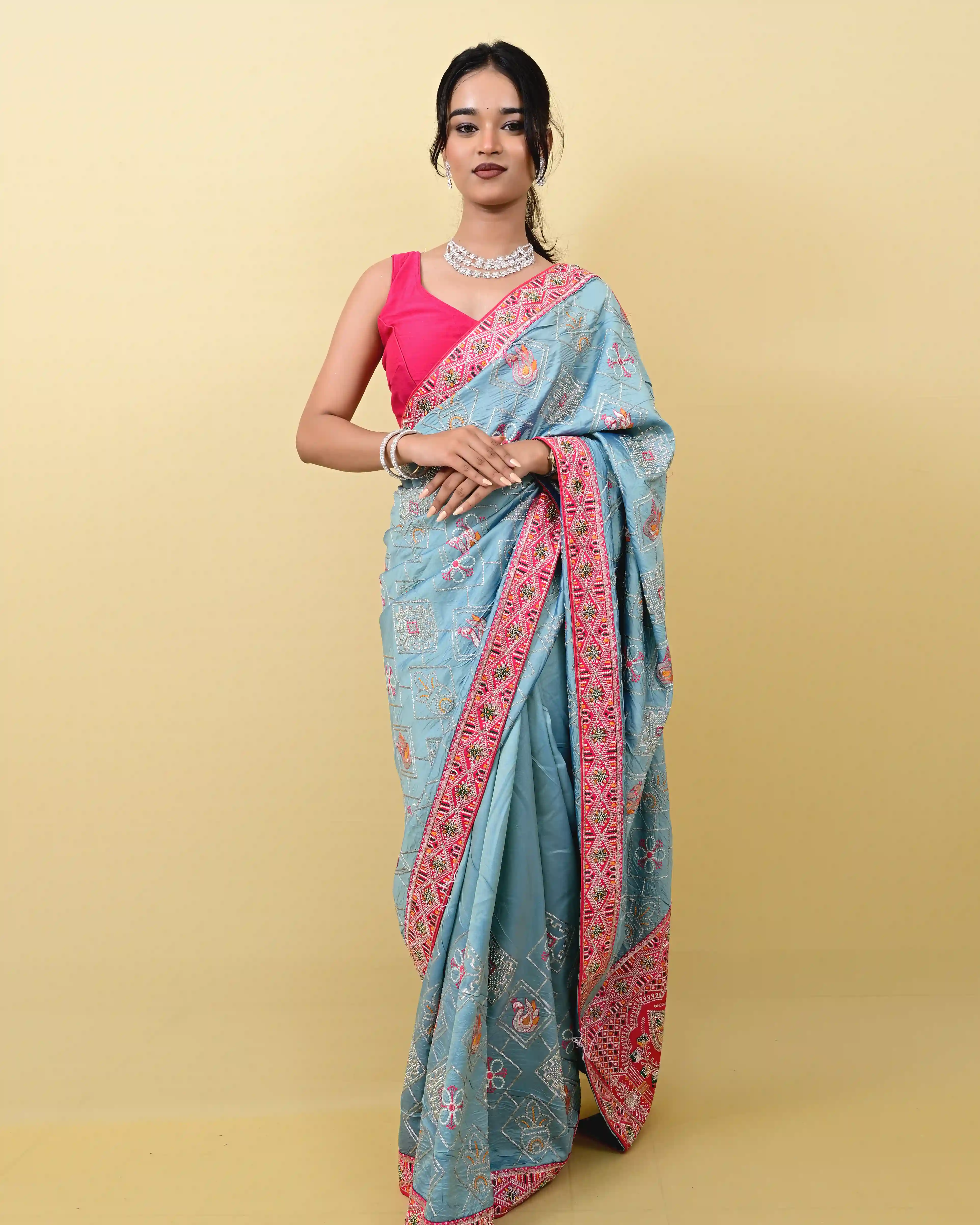 Light Blue Silk embroidary Woven Saree view 4