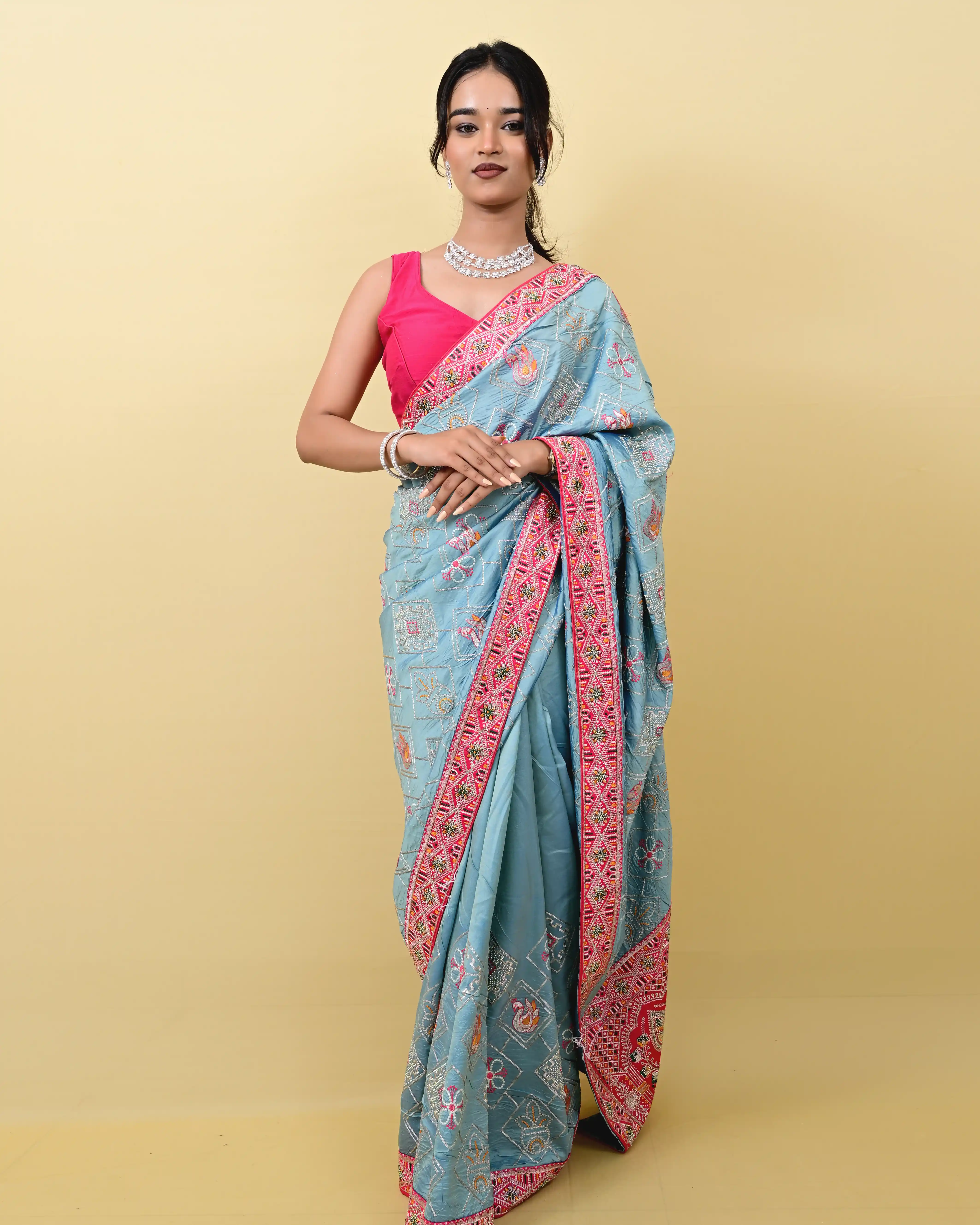 Light Blue Silk embroidary Woven Saree view 5