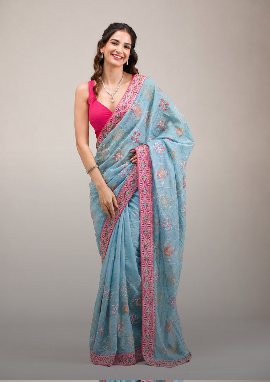 Light Blue Silk embroidary Woven Saree view 2