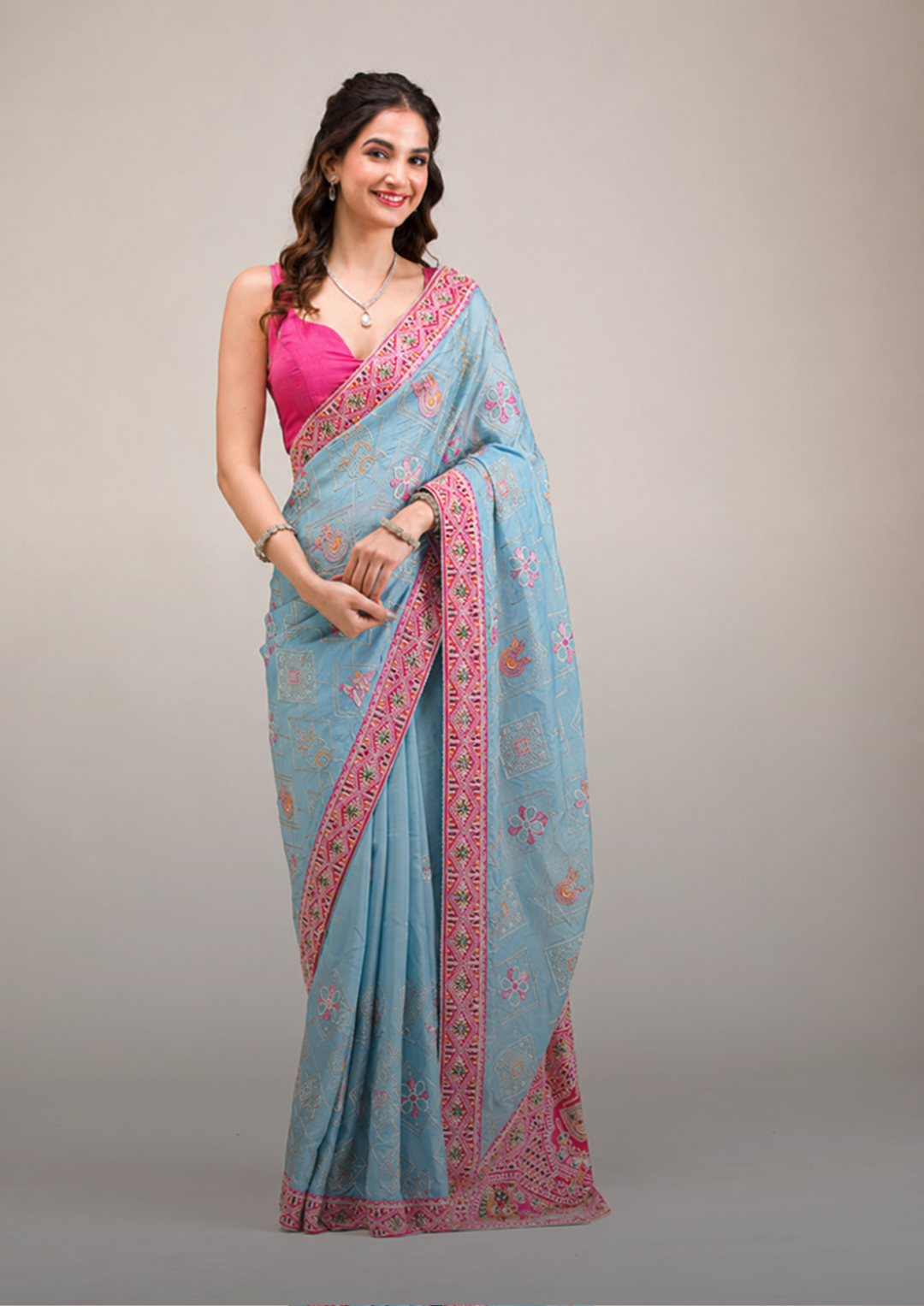 Light Blue Silk embroidary Woven Saree view 3