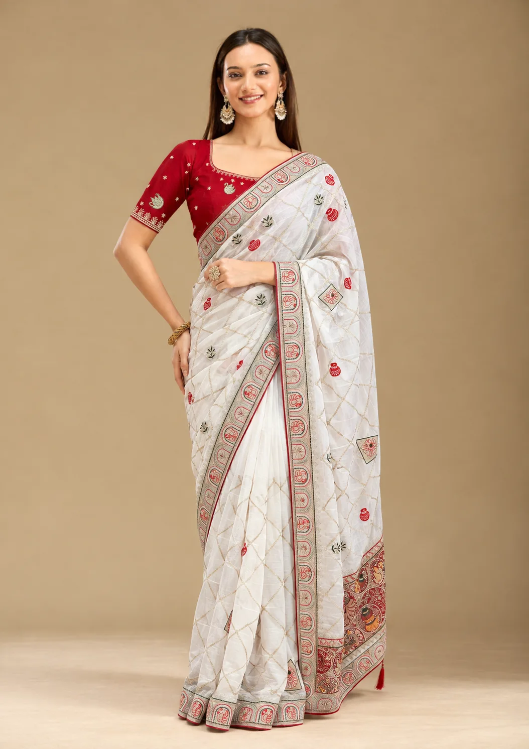 Elegant White Georgette saree With Contrast Red Blouse