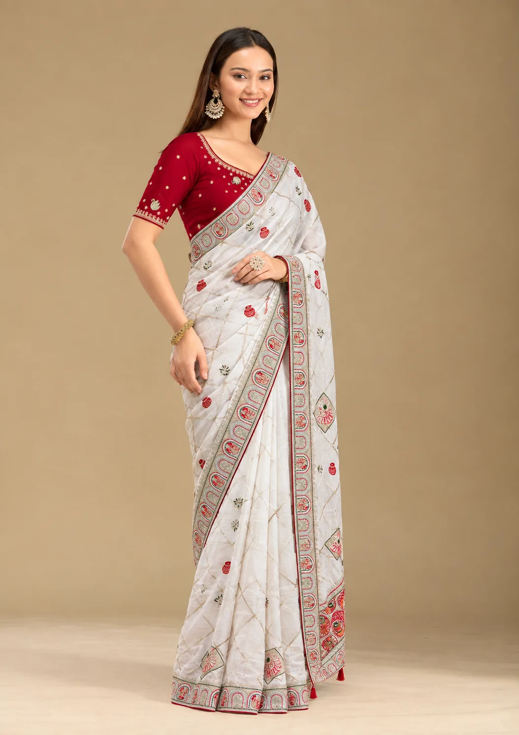Elegant White Georgette saree With Contrast Red Blouse view 2