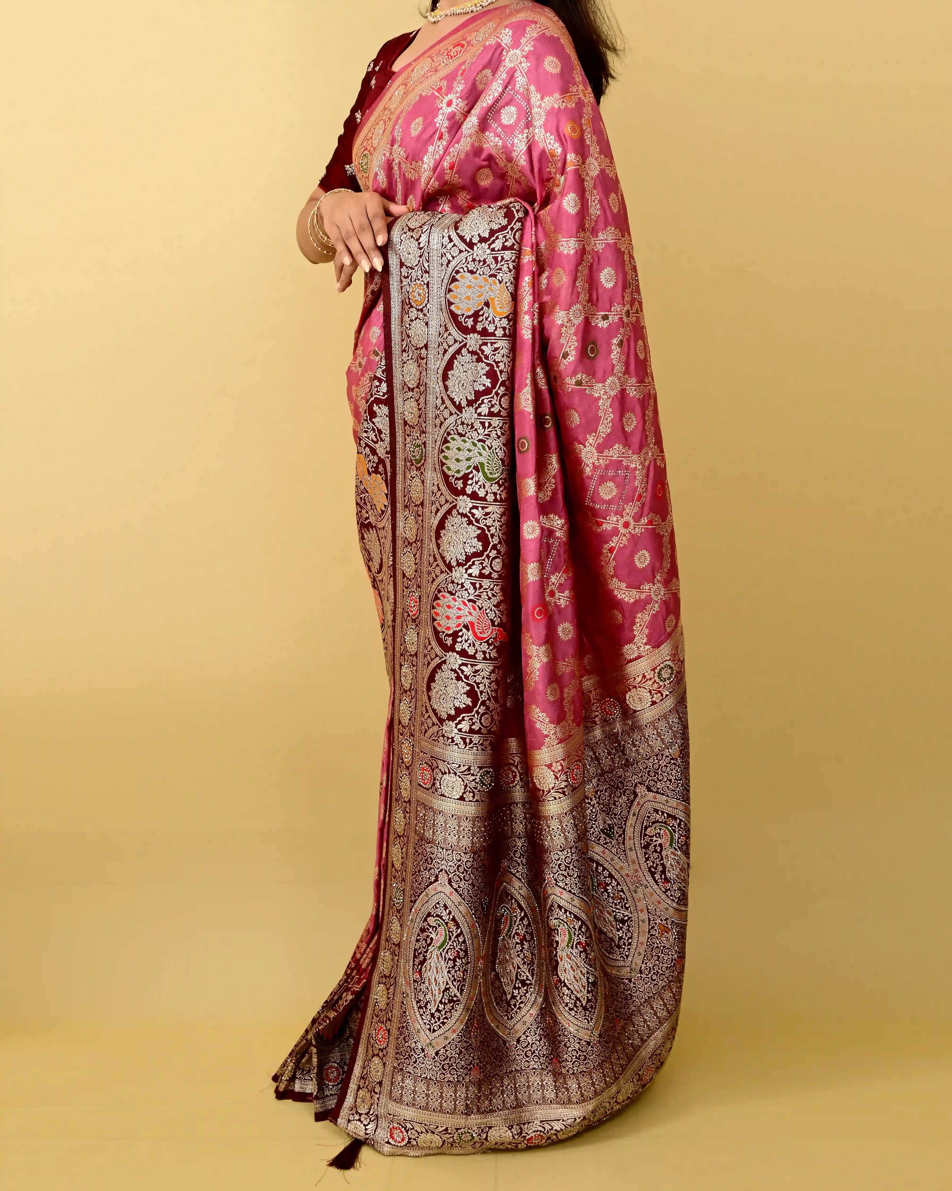 Desert Rose Embroidered Heritage Saree- Blue view 2