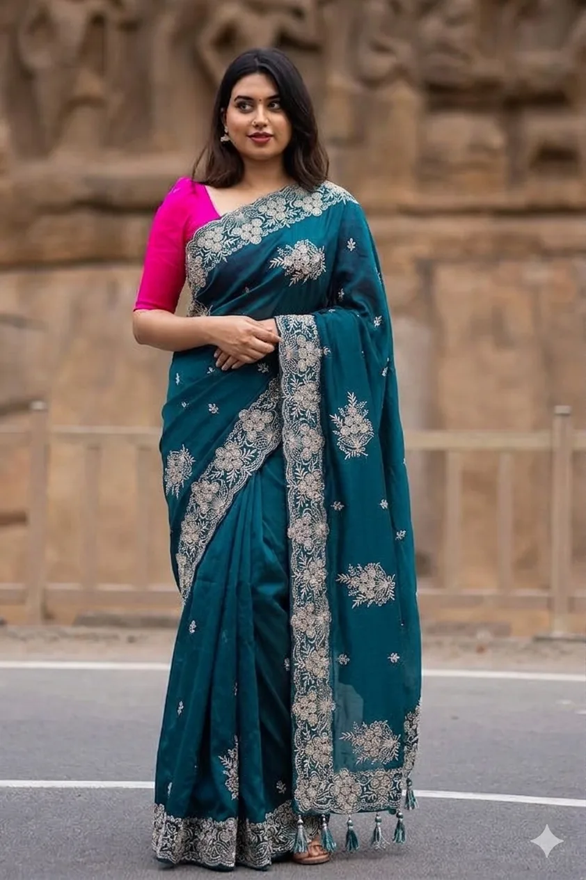 Teal Blue (Rama) Fendi Chiffon Saree