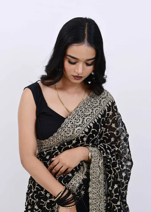 Elegant Black Embroidered Net Saree
