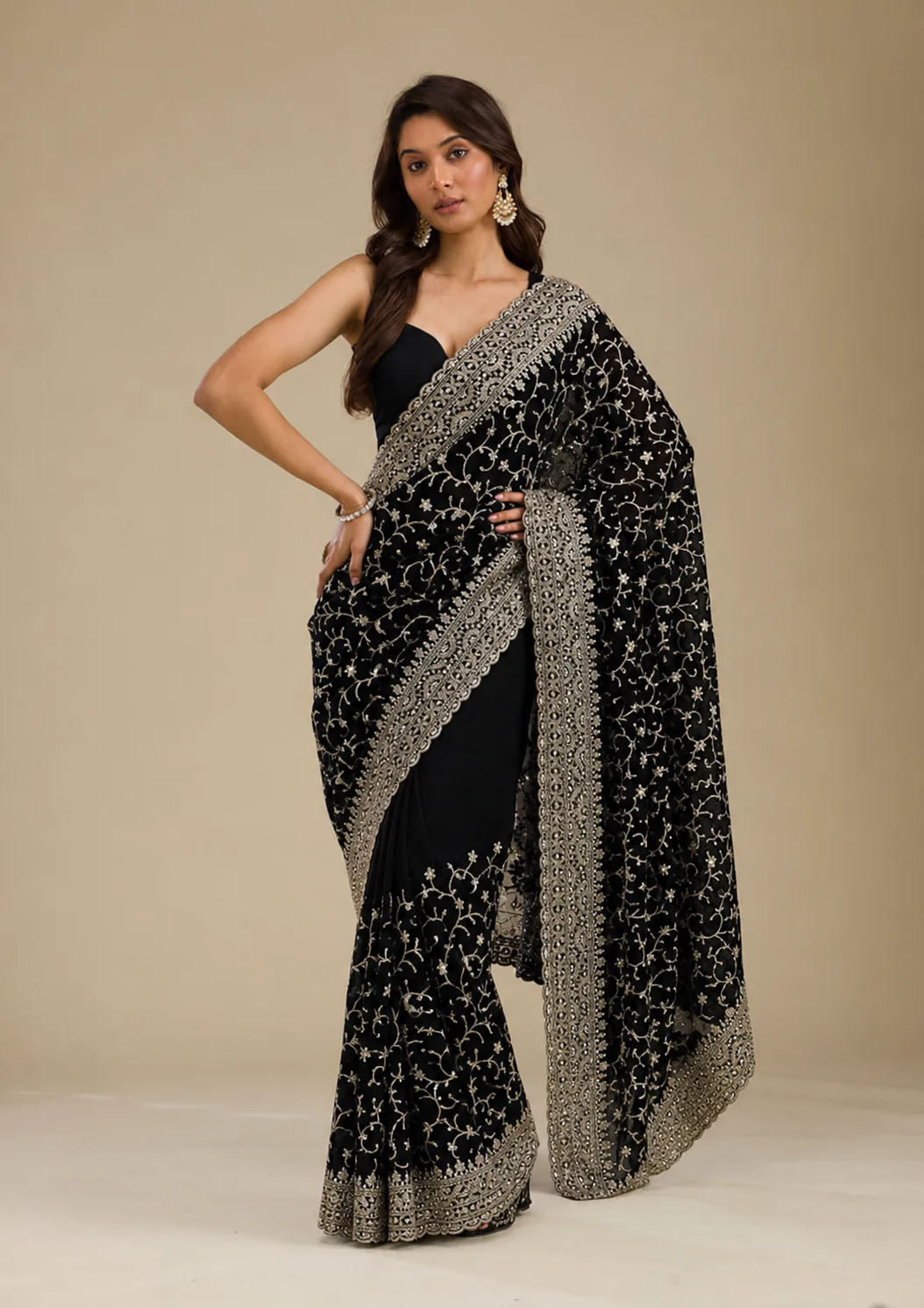Elegant Black Embroidered Net Saree
