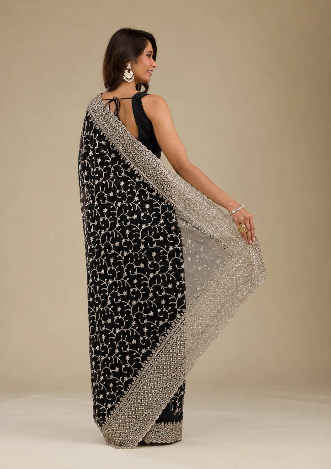 Elegant Black Embroidered Net Saree view 2