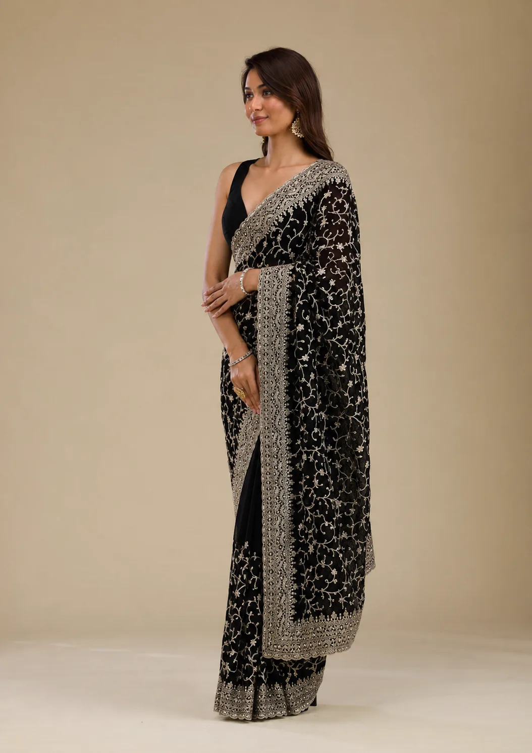 Elegant Black Embroidered Net Saree view 3