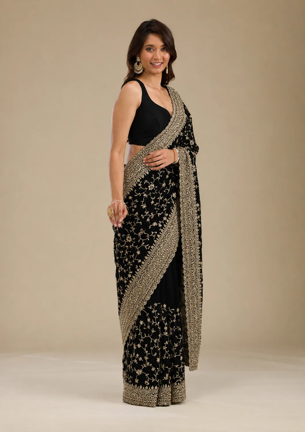 Elegant Black Embroidered Net Saree view 6