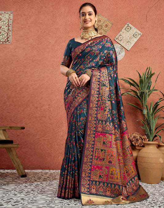 Rama Blue Silk Minakari Banarasi Saree