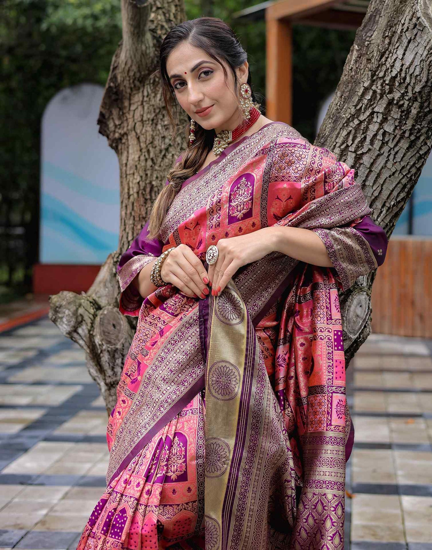 Coral Pink Silk Woven Saree