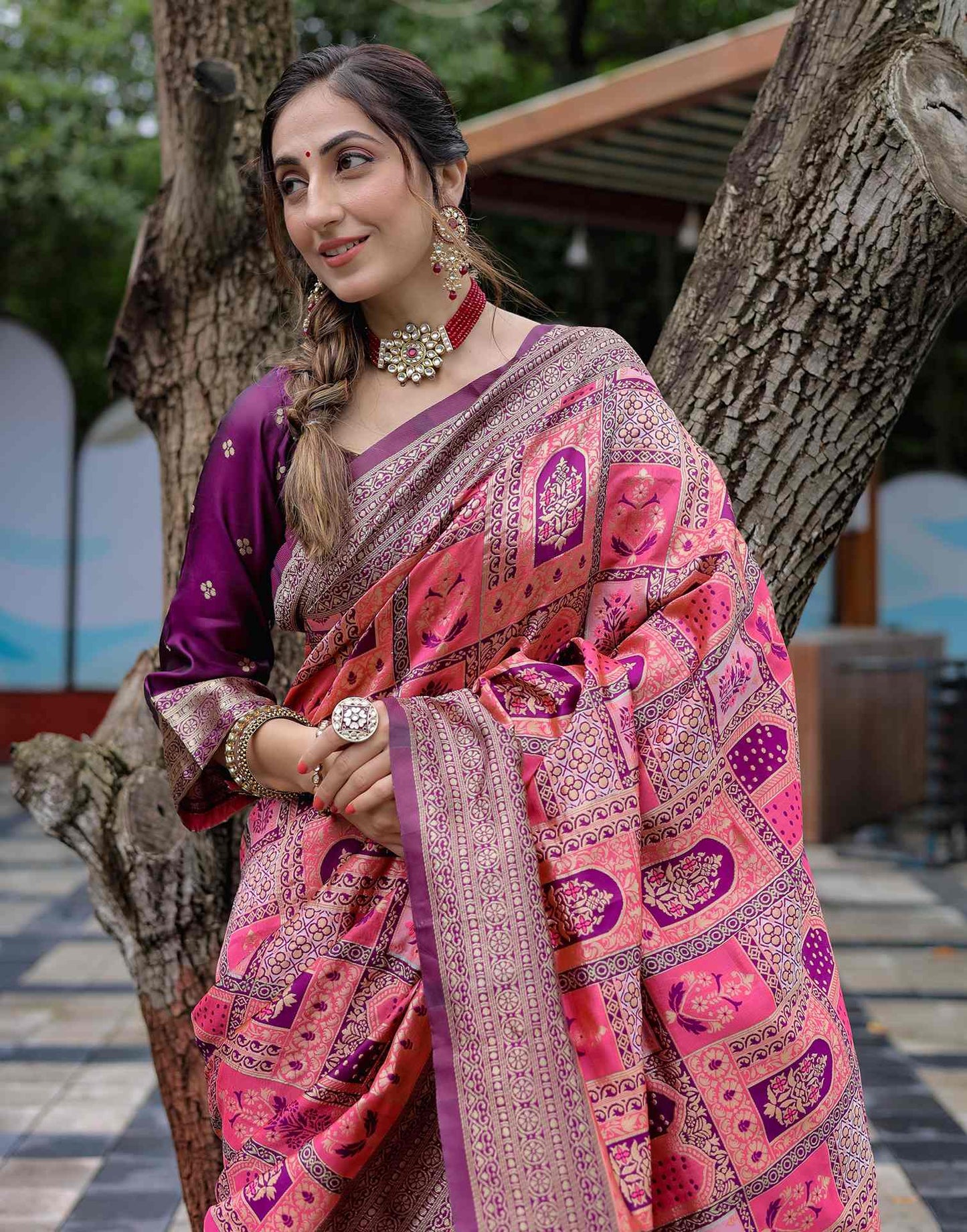 Coral Pink Silk Woven Saree