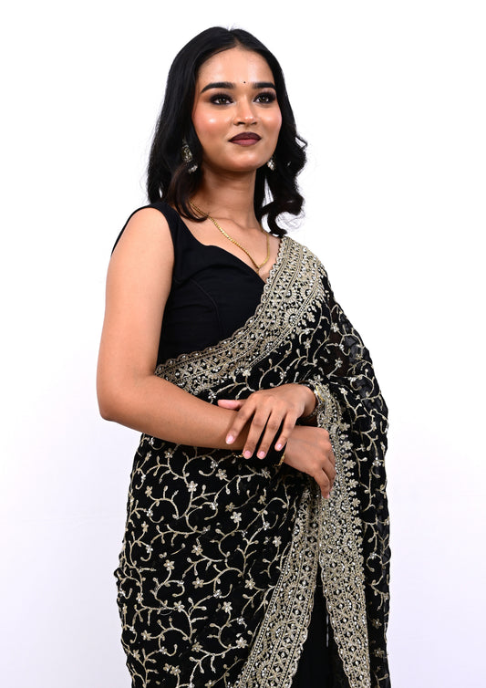 Elegant Black Embroidered Net Saree with Rich Gold Border