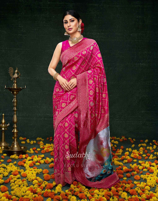 Mouni Roy Rani Pink Peacock Banarasi Saree