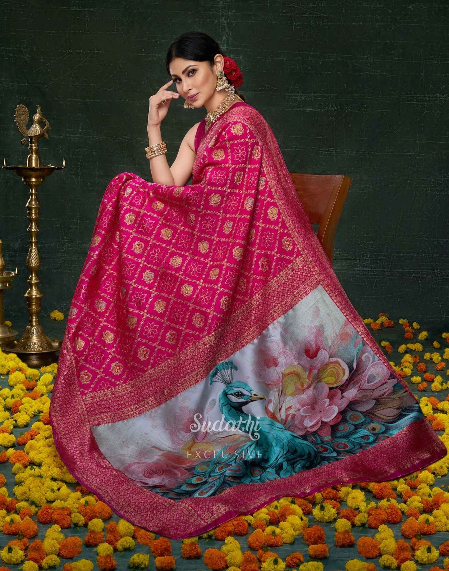 Mouni Roy Rani Pink Peacock Banarasi Saree