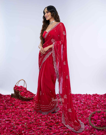 Mouni Roy Crimson Rose Zari Embroidery Saree