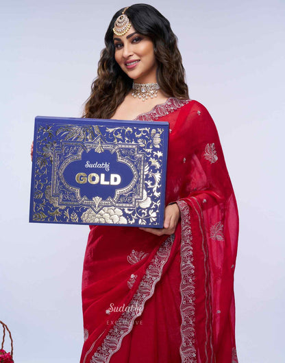 Mouni Roy Crimson Rose Zari Embroidery Saree