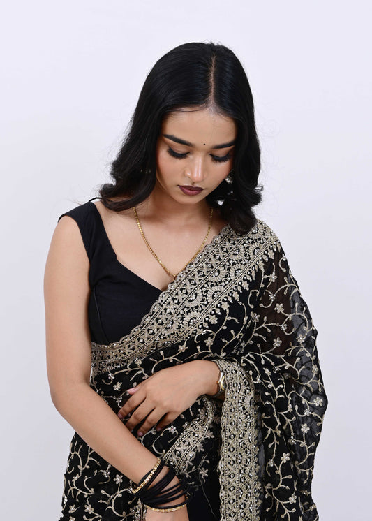 Elegant Black Embroidered Net Saree with Rich Gold Border